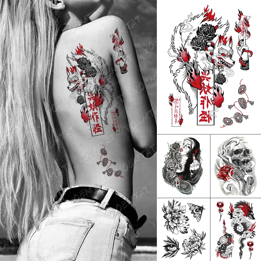 Waterproof Temporary Tattoo Stickers Fox Demon Peony Old School Louts Flower Flash Tattoos Female Body Art Fake Tatoo Men | Красота и