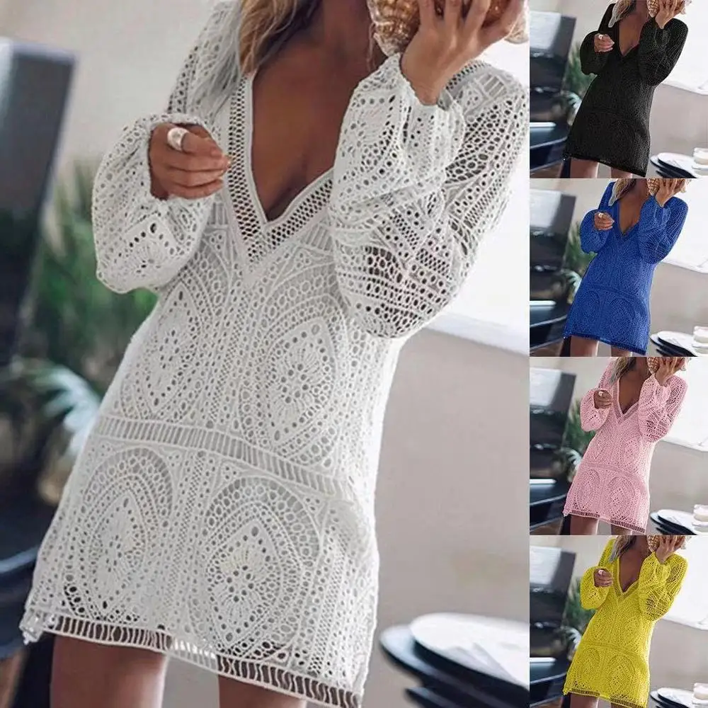 

Lady sexy Backless Hollow Out Lace Dress Women 2019Autumn Long Puff Sleeve Tassal Mini Dress New Solid Color Beach Bikini Blouse