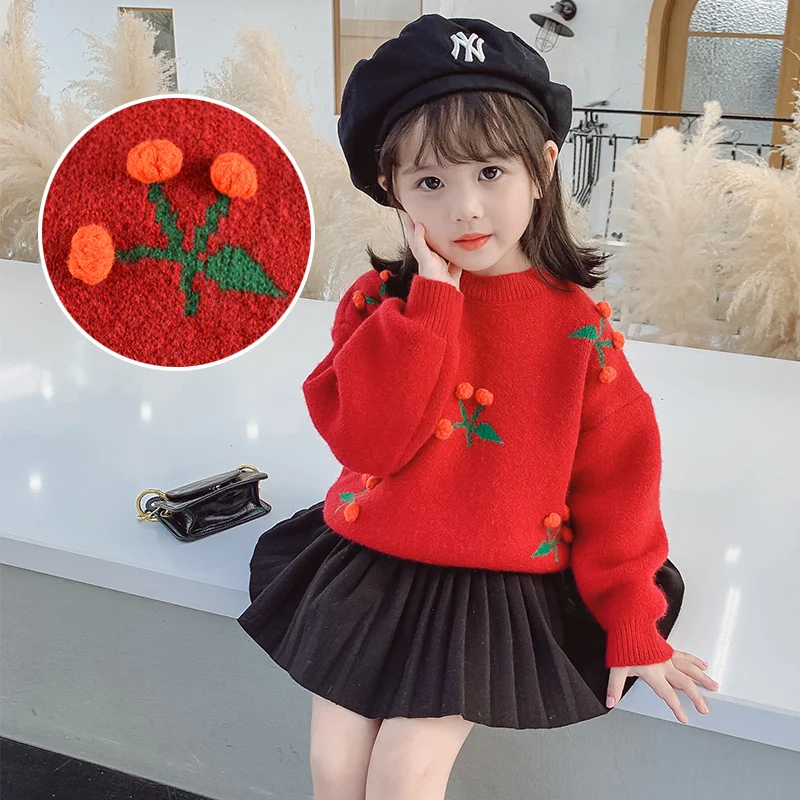 Baby Girls Clothes Warm Sweaters Red Cartoon Cherry Hairball Woollen  pullovers Sweater Girls 2 3 4 5 6 7 Years Children Kids A/W