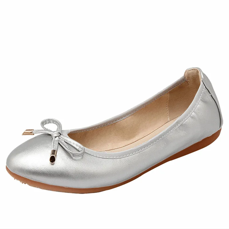 MAIERNISI/женские балетки на плоской подошве повседневная обувь высокого качества на плоской подошве Большие размеры 42, 43, милые женские туфли на плоской подошве для девочек с бантом - Цвет: Silver