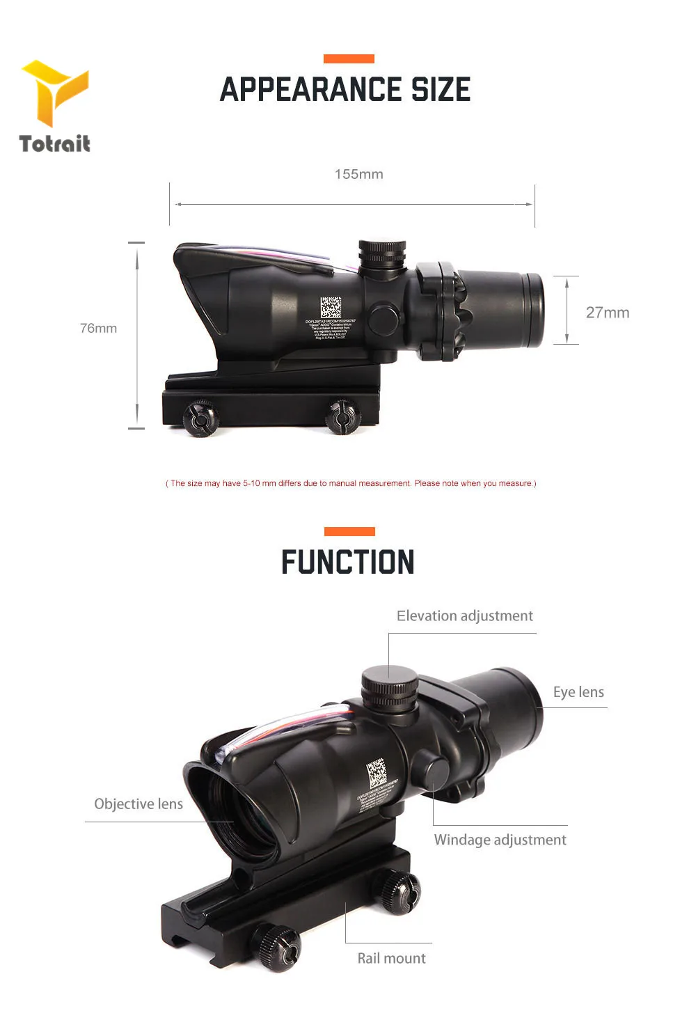 TOtrait Охотничий Прицел ACOG 4X32 оптика из настоящего волокна красный зеленый с подсветкой шеврон стекло травленая сетка тактический оптический прицел