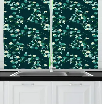 

Dark Teal Pastel Green Eucalyptus Kitchen Curtains Vintage Garden Rural Themed Pattern Leaves Branches Print Window Drapes