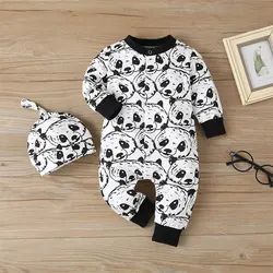 Barboteuse en coton pour nouveau né fille, vêtements de printemps et d'automne, motif Panda de dessin animé, avec chapeau, pour bébé de 3 à 18 mois 