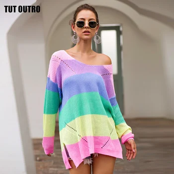 

Casual Rainbow Striped Sweater Women V-Neck Autumn Winter Long Sleeve Knit Loose Pullovers Jumper Sexy Oversized Sweaters
