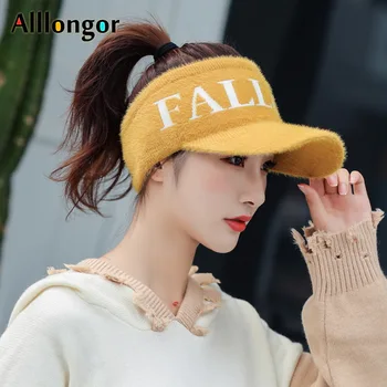 

New Fashion 2019 Autumn Winter Sun Visor Hat Women Faux Fur Wool letter knitted Sport baseball Cap Visors For Running
