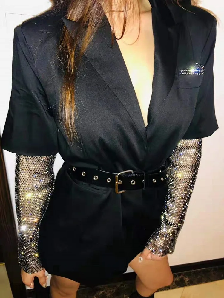 

Stylish Chic Sequins Spliced Mini Dress with Belt Cool Elegant Women Notched Dresses