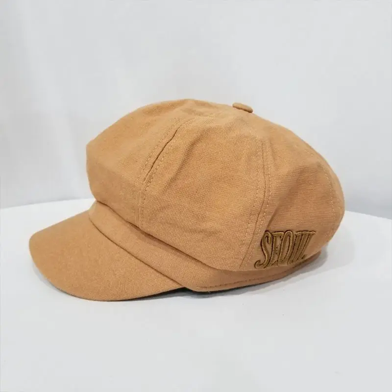 Korean Women Girl Vintage Visor Beret Hat Bright Solid Color Letters Embroidery Octagonal Newsboy Artist Painter Flat Peaked Hat