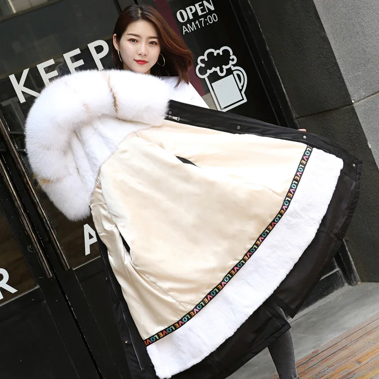 white-black Новое поступление, роскошное плотное пальто средней длины с кроличьим мехом и лисьим воротником, роскошная женская повседневная верхняя одежда, теплая манто Femme - Цвет: white-black