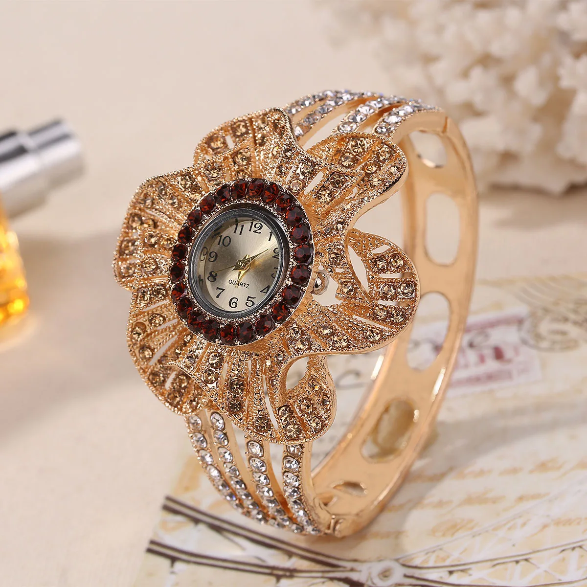 Wrist Watch Women Flower Shape Jewelry Bracelet Watches Crystal Ladies Quartz Clock - Color: Brown