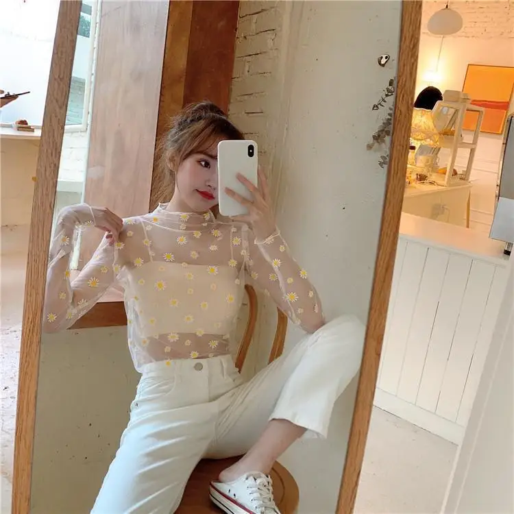 See Through Small chrysanthemum Mesh Gauze Tops Long Sleeve Transparent Sun Protection Ladies Turtleneck summer T-Shirt Top