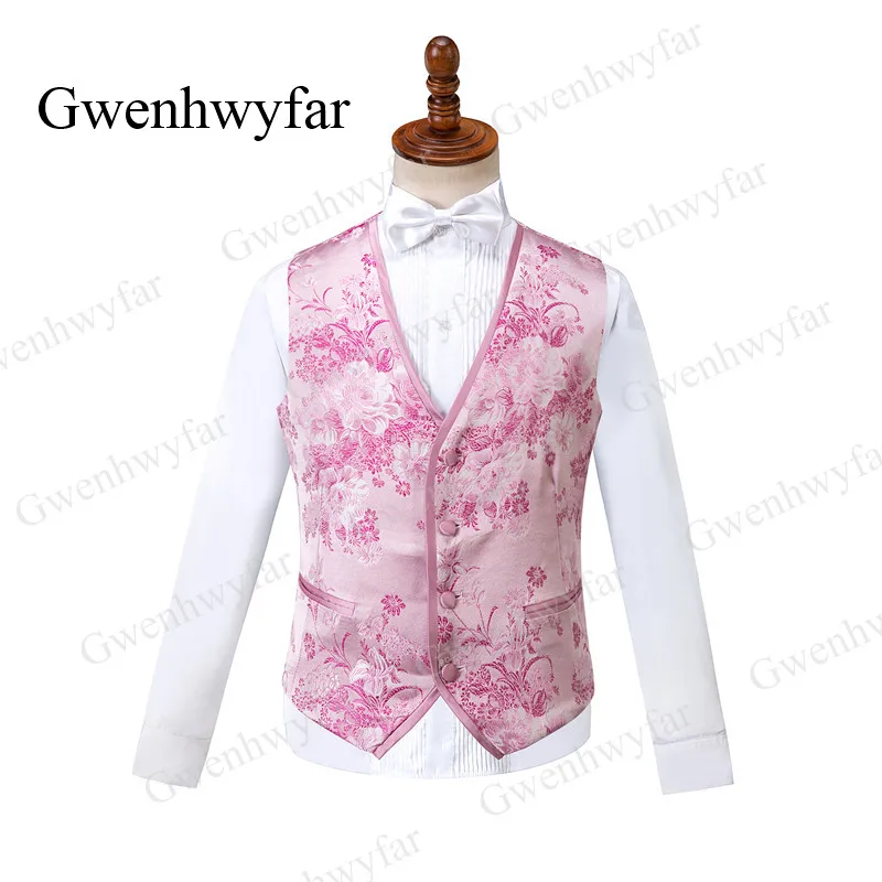 Gwenhwyfar Pink Men Tuxedos Floral 3 Pcs Slim Fit Shawl Lapel with Pipping Shinny Pants Male Party Tuxedos
