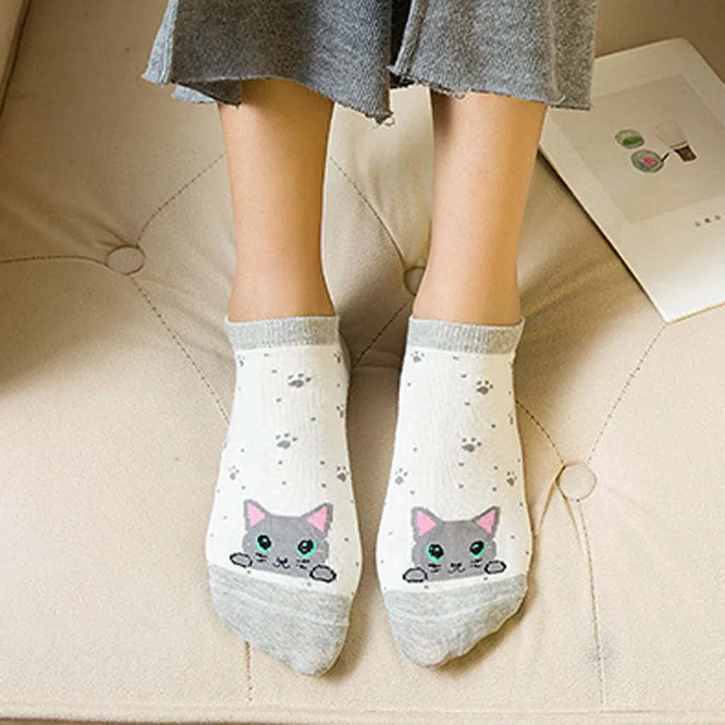Женские повседневные хлопковые короткие носки с принтом в виде животных; удобные носки с милым рисунком кота