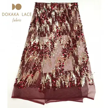 

Burgundy And Gold Sequined Embroidered Mesh Fabric Latest French Elegent Women Classical Party Dress Guinea Sequins Lace Sewing