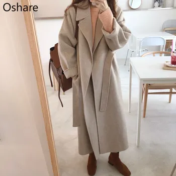 

NEW Spring Autumn Winter New Women Casual Wool Blend Trench Coat Oversize Long Coat with belt Cashmere Outerwea Dropshipping