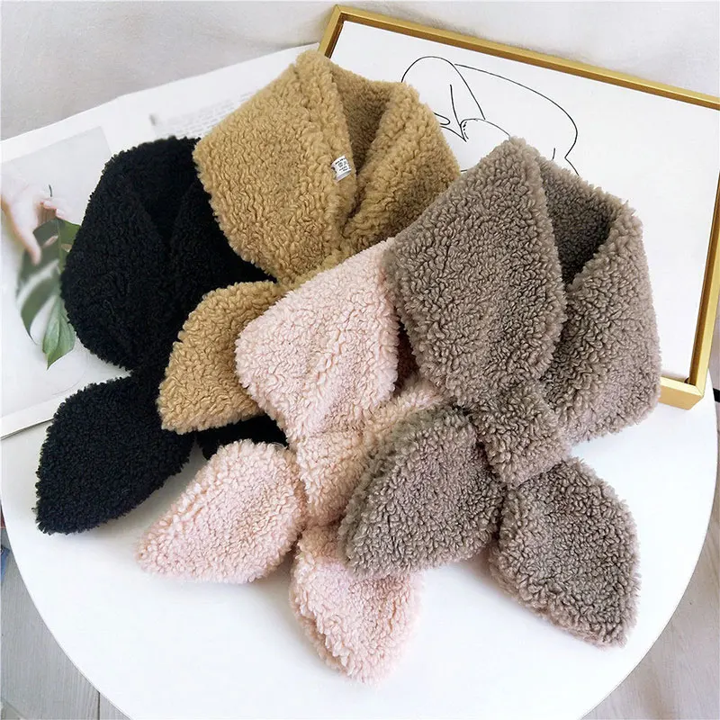 

Double-sided Plush Scarf Couple Warm Collar Scarf Sharp Corner Cross Scarves Imitation Lamb Fur Neck Warmer Solid Color
