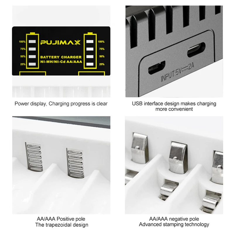 PUJIMAX 4 स्लॉट इलेक्ट्रिक बैटरी चार्जर एए / एएए नी-एमएच / नी-सीडी रिचार्जेबल बैटरी के लिए इंटेलिजेंट फास्ट एलईडी डिस्प्ले यूएसबी चार्जर