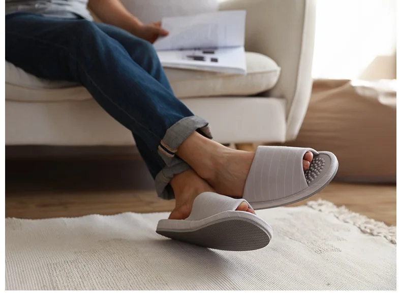 Xioami New men woman spring autumn classic striped home soft massage midsole open cotton slippers Keep warm flip flop