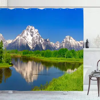 

Shower Curtain Set with Hooks 72x72 Inches Mountain Nobody Panorama Oxbow Bend Horizontal Grand Rocky Teton Nature Park Parks