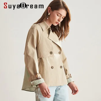 

SuyaDream Women Cotton Trench Solid British Style Double Breasted Trench Coat For Women 2020 Spring New
