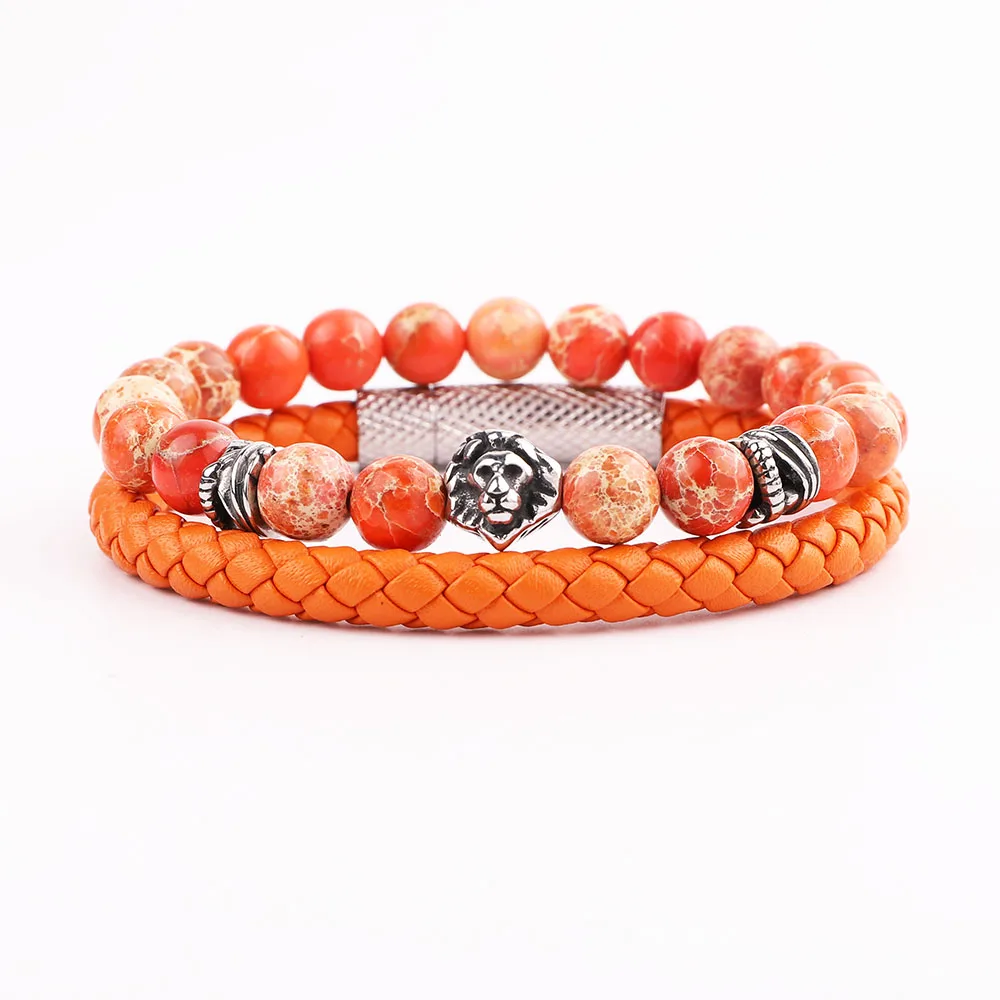 Men Bracelet Set New Design Stainless Steel Vintage Leaf Feather Charm Lion Natural Stone Genuine Leather Bracelet Men - Image 6