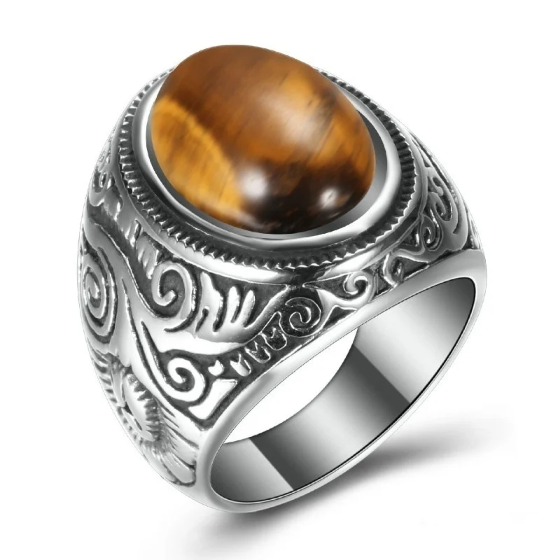 

New Retro Cat's Eye Stone Inlaid Ring Men's Ring Fashion Metal Rune Pattern Amulet Ring Accessories Party Jewelry