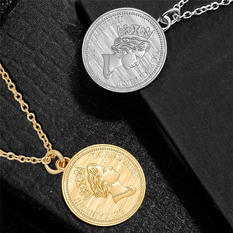 Creative Gold Silver Color Queen Elizabeth II Avatar Coin Pendant Necklaces Choker For Women Fashion Round Charm Necklaces