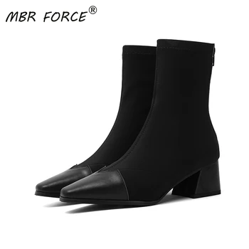 

MBR FORCE latest high quality real cowhide square toe patchwork square heel shoes autumn and winter fashion ladies ankle boots