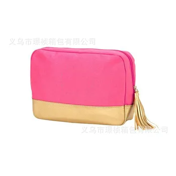 

Cosmetic Bag Large Capacity Leather Stitching Cosmetic Bag Solid Color Canvas Square Storgage Bag