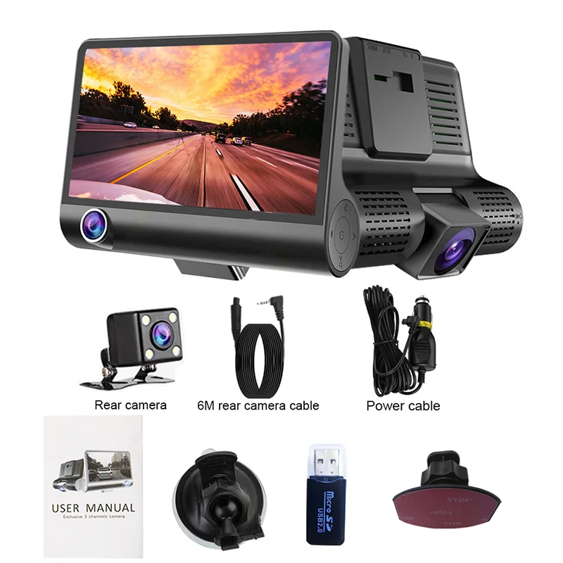 TOSPRA 3 Lens Car DVR Cameras 4.0 Inch Full HD 1080P Wide Angle Dual Lens With Rearview Camera Video Recorder Car Dash Camera