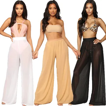 

2XL Plus Size Summer Mesh Transparent Bikini Cover Up Women Beach Dress Loose Long Pants Wide Leg Trousers Swimsuit