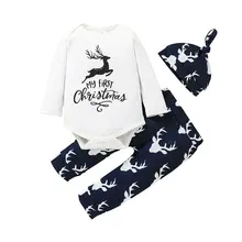 Zestawy ubrań bożonarodzeniowych dla chłopca Baby Boy Girl moje pierwsze święta stroje z długim rękawem list nadruk w jelenie Romper spodnie zestaw kapeluszy tanie tanio Damsko-męskie W wieku 0-6m 7-12m 13-24m Z bawełny organicznej CN (pochodzenie) Wiosna i jesień