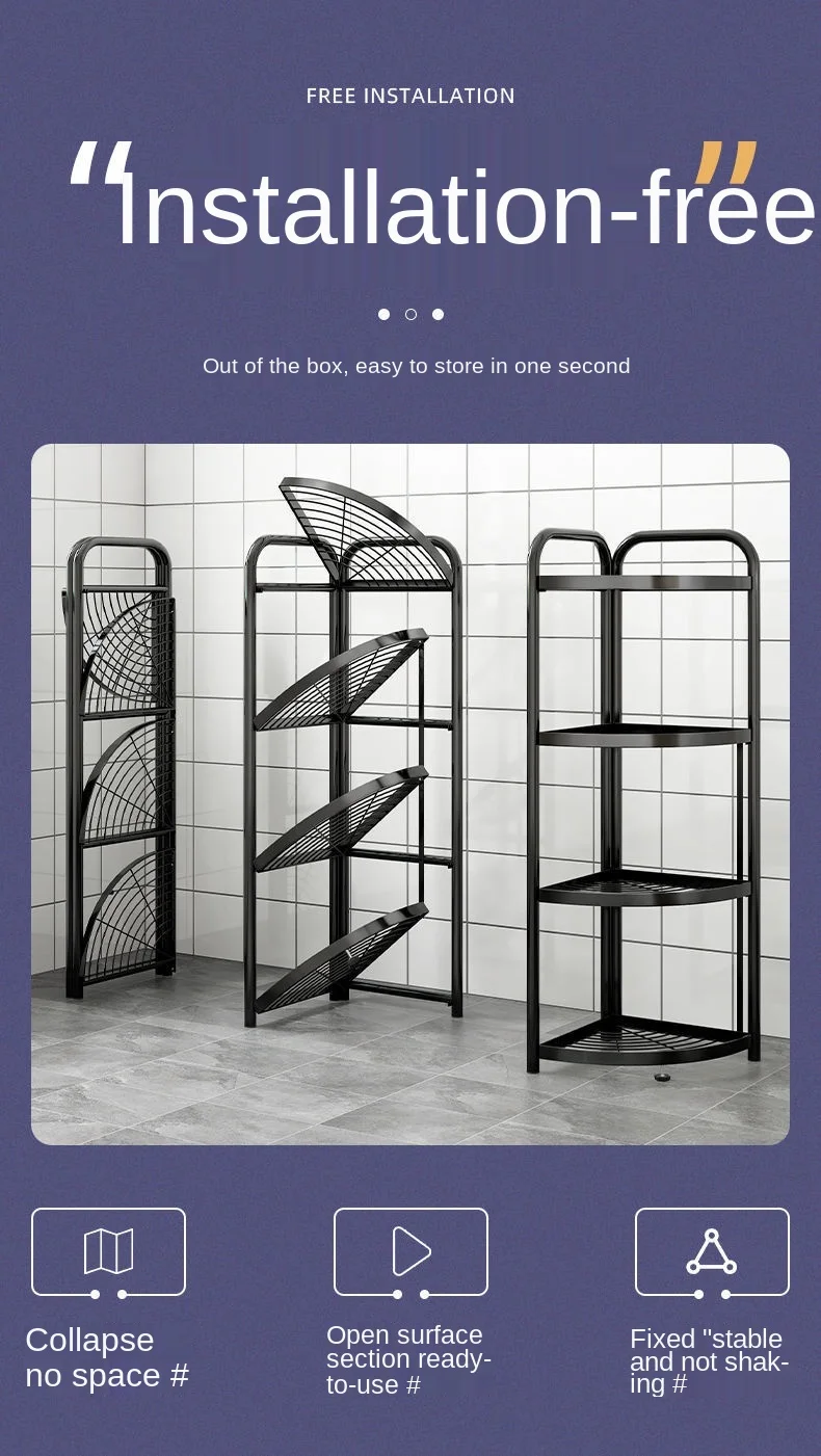 Folding Storage Rack No Installation Bathroom Kitchen Shelf Toilet Storage Shelf 3-Layer