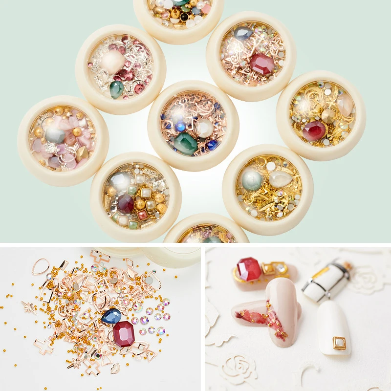 

1 Box Nail Decorations Assorted Mixed Translucent Glass Nail Rhinestone DIY Gold Metal Rivet Nail Art Decorations