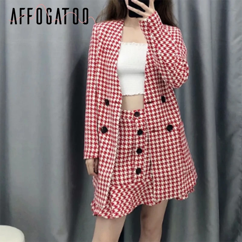 Affogatoo Casual streetwear two-pieces skirt suit women Elegant Double breasted plaid female suit sets office ladies blazer suit