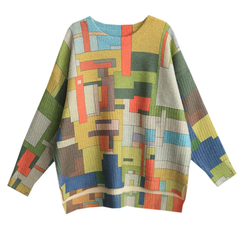 Autumn Winter Sweater Women Retro Large Size Knitting Loose Pullovers New Tops O-Neck Geometric Pattern Ladies Sweater