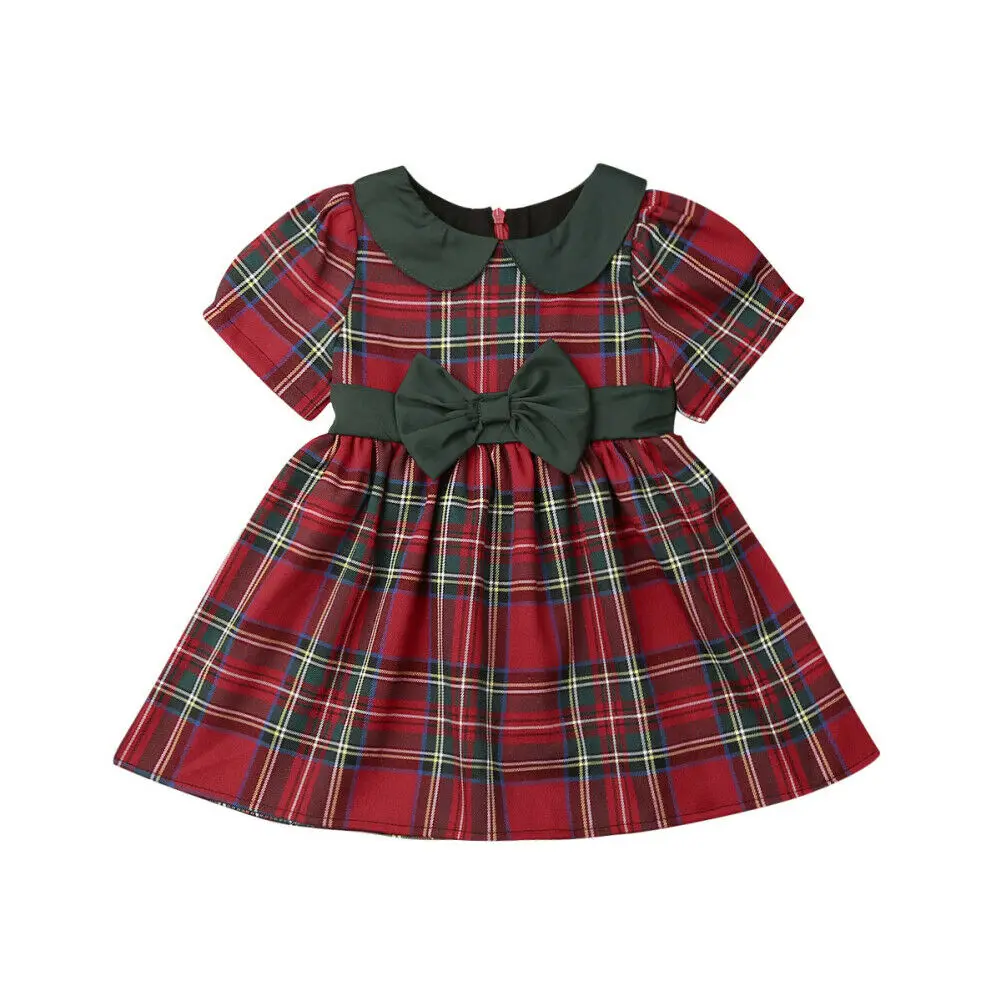 

2019 Christmas Infant Kids Baby Girl Peter Pan Collar Bow Plaid Dress Formal Pageant Party Dresses Clothes