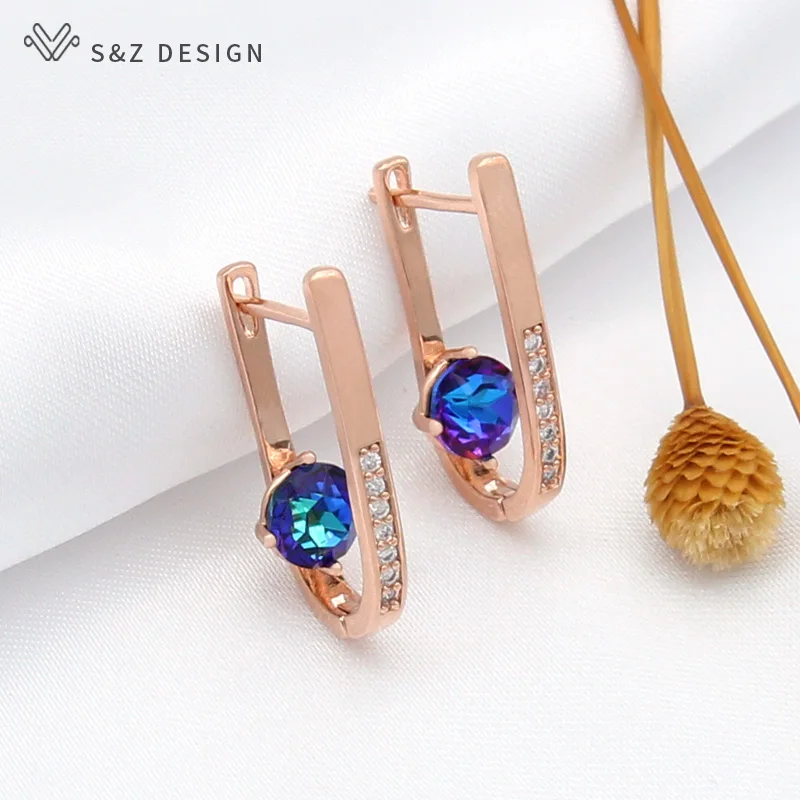 S&Z DESIGN New Trendy 585 Rose Gold Color Cubic Zirconia Crystal Dangle Earrings For Women Girl Wedding Party Jewelry Gift