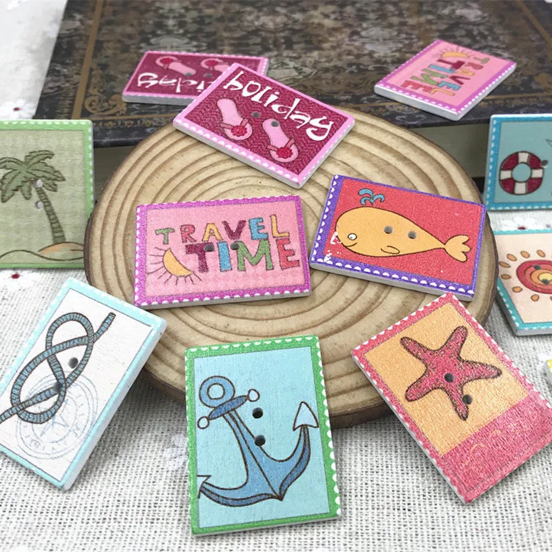 

DIY 80pcs Ocean/Fish/ Anchor/Starfish Wooden Buttons Stamp Design Sewing 2 Holes 33mm