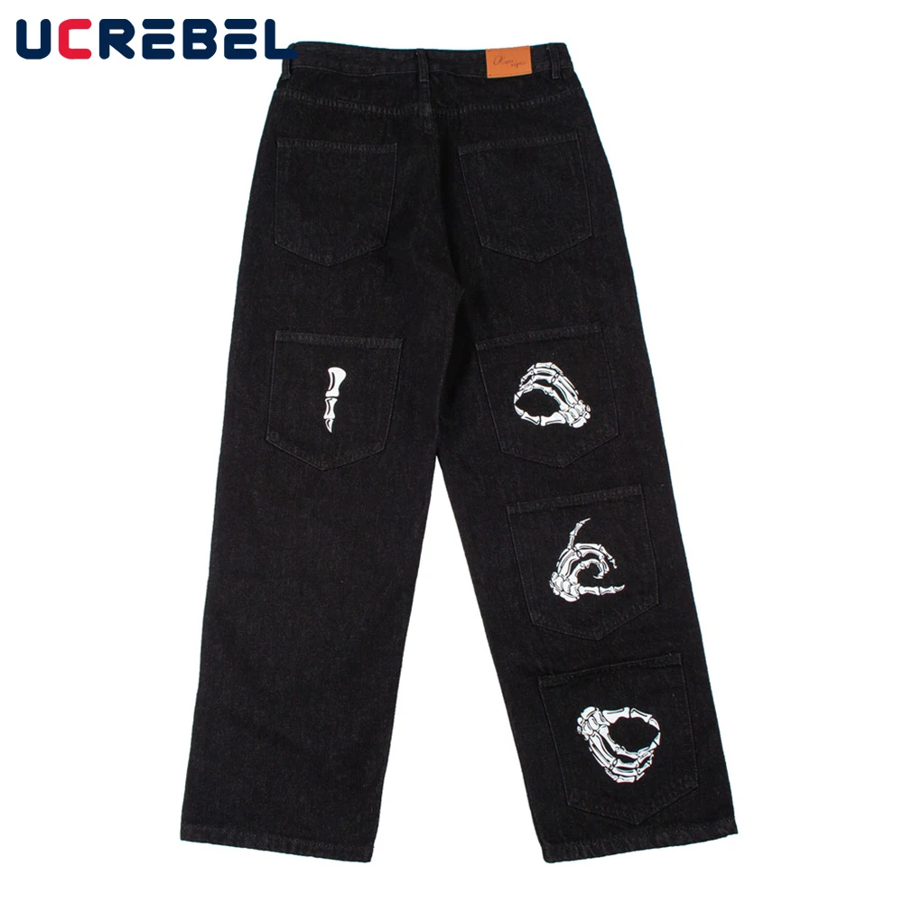 Skeleton Hand Print Denim Pants Mens 