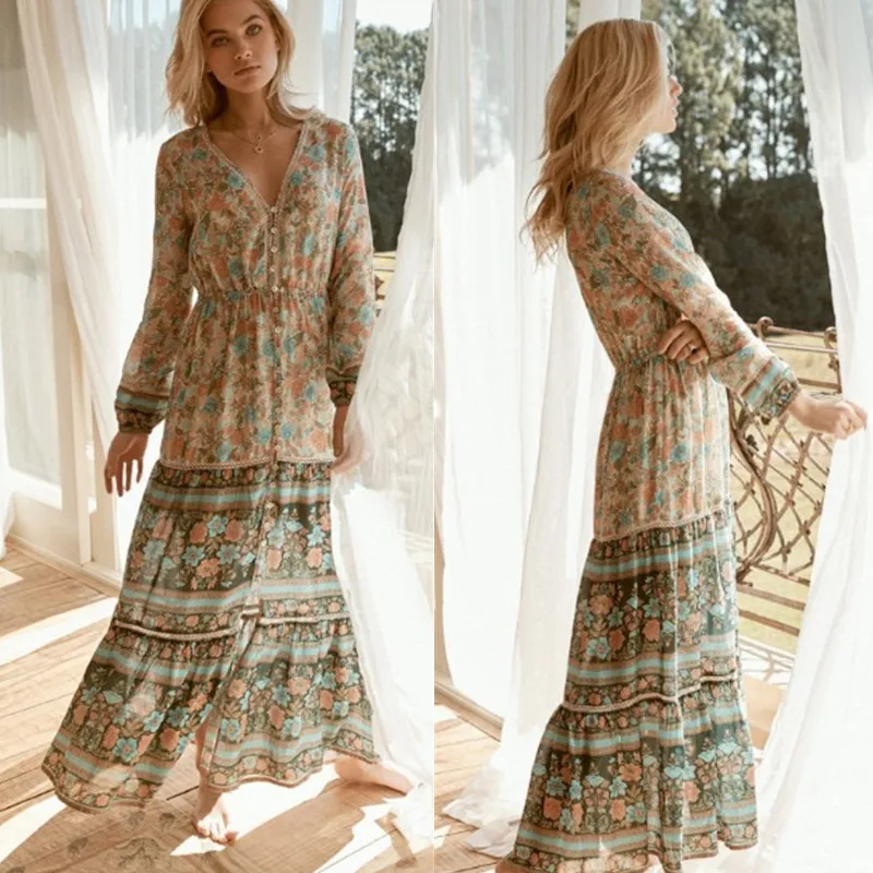 

2019 Spring New European And American INS Beige Positioning Printed V-neck Hollow out Waist Elastic Large Long Skirts Dress