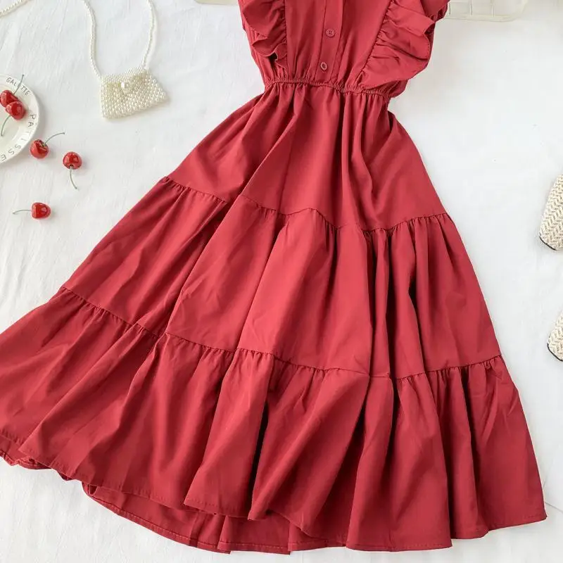 Elegant Women Midi Dress Fashion Summer Button A Line Sleeveless Ruffles Button High Waist Female Beach Vestidos New