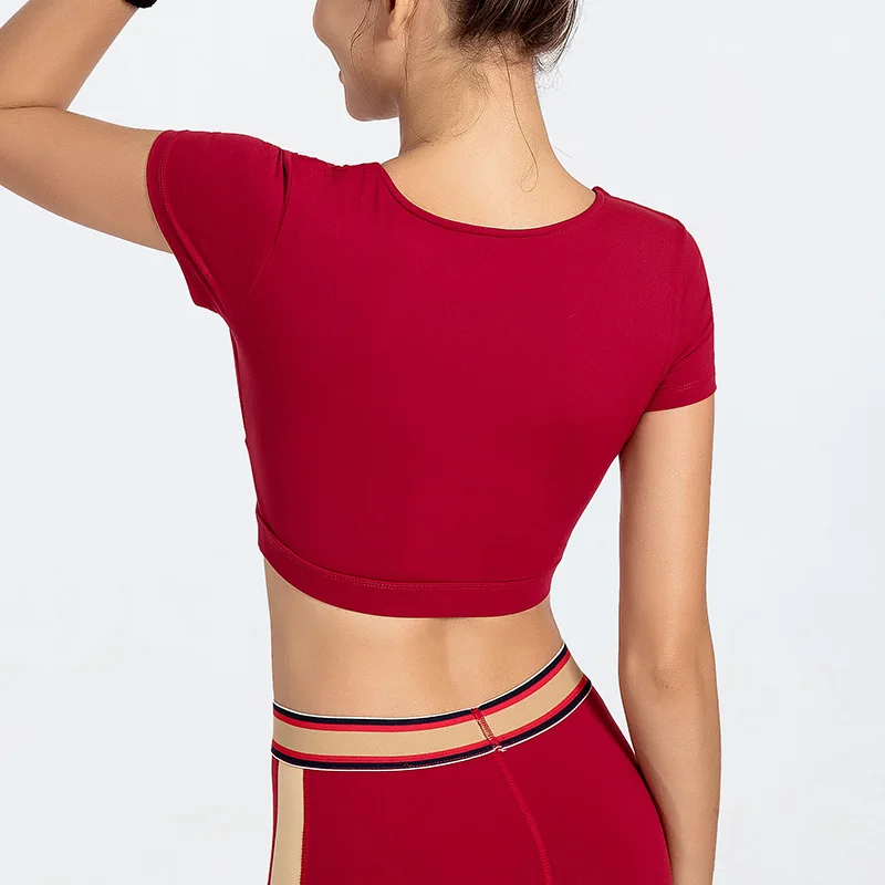 Yoga Top Sport Short Sleeve Women Yoga Shirt Sexy Fashion V-neck Solid Color Quick Dry Breathable Gym Fitness Shirt