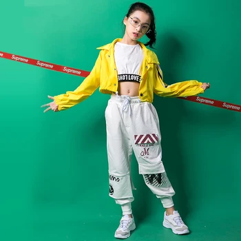 

2020 New Jazz Dance Costumes Kids Hip Hop Clothing For Girls Yellow Jacket White Vest Pants Children Street Clothes Show Wear