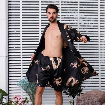 

Chinese Print Dragon Sleepwear 2pcs Robe Suit Men Bathrobe Oversize 3XL 4XL 5XL Kimono Gown Soft Satin Spring Summer Home Dress