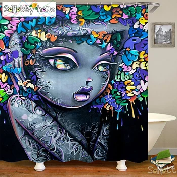 

Cute Anime Flowers Buddha Statue Shower Curtain Geometric Bath Curtains Bathroom For Bathtub Bathing Cover Large 12pcs Hooks