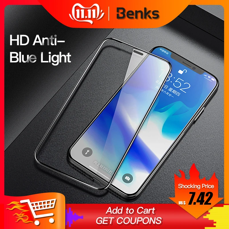 

Benks VPRO 0.3mm Tempered Glass For IPhone XS 5.8' XS MAX 6.5' XR Screen Protectors Anti Blue Ray Glass Full Cover Front Film
