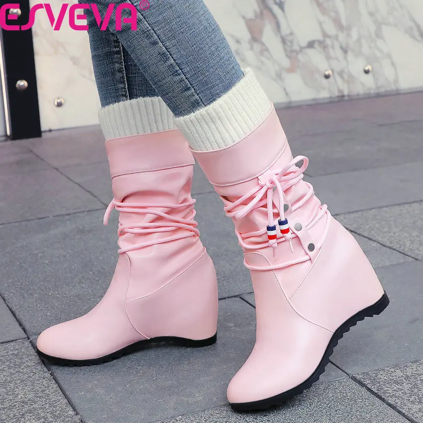 

ESVEVA 2020 Wedges Winter Warm Fur Women Shoes PU Leather Height Increasing Round Toe Lace Up Slip on Mid Calf Boots Size 34-43