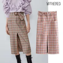 Withered england style elegant vintage sashes forking package hips midi skirt women faldas mujer moda long skirts womens