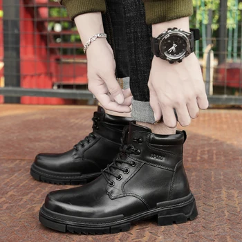 

Natural Leather Boots Men Plus Size Warm Plush Ankle Snow Boots Shoes Handmade Lace Up Winter Shoes Men Zapatos Hombre