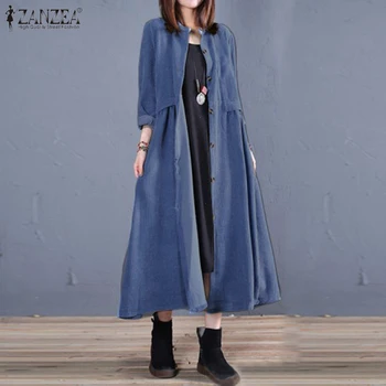 

Plus Size ZANZEA Spring Long Cardigan Women Casual Solid Long Sleeve Work Denim Blue Shirt Vestido Blouse Outwear Coats Tunic 7